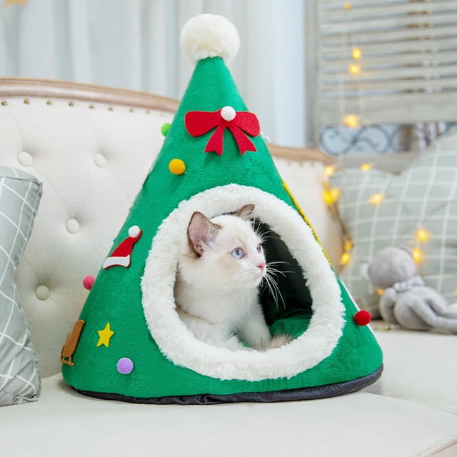Arbre de Noël pour Animaux Maison pour Chat Lits - Tente Intérieure Rouge et Verte pour Chatons Nid de Grotte