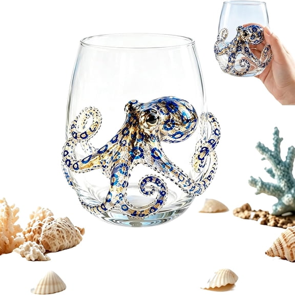 Blue Ringed Octopus Glass Tumbler Set, Handcrafted Ocean Themed Drinking Glasses, Stemless Wine Glasses with 3D Tentacles, Coastal Decor Glassware for Home Bar