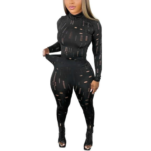 Baqcunre Leggings For Women 2 Piece Outfits Women Black Stretchy Mesh Long Sleeve Blouse Bodycon Pants Set Lounge Sets For Women Womens Pants Black L