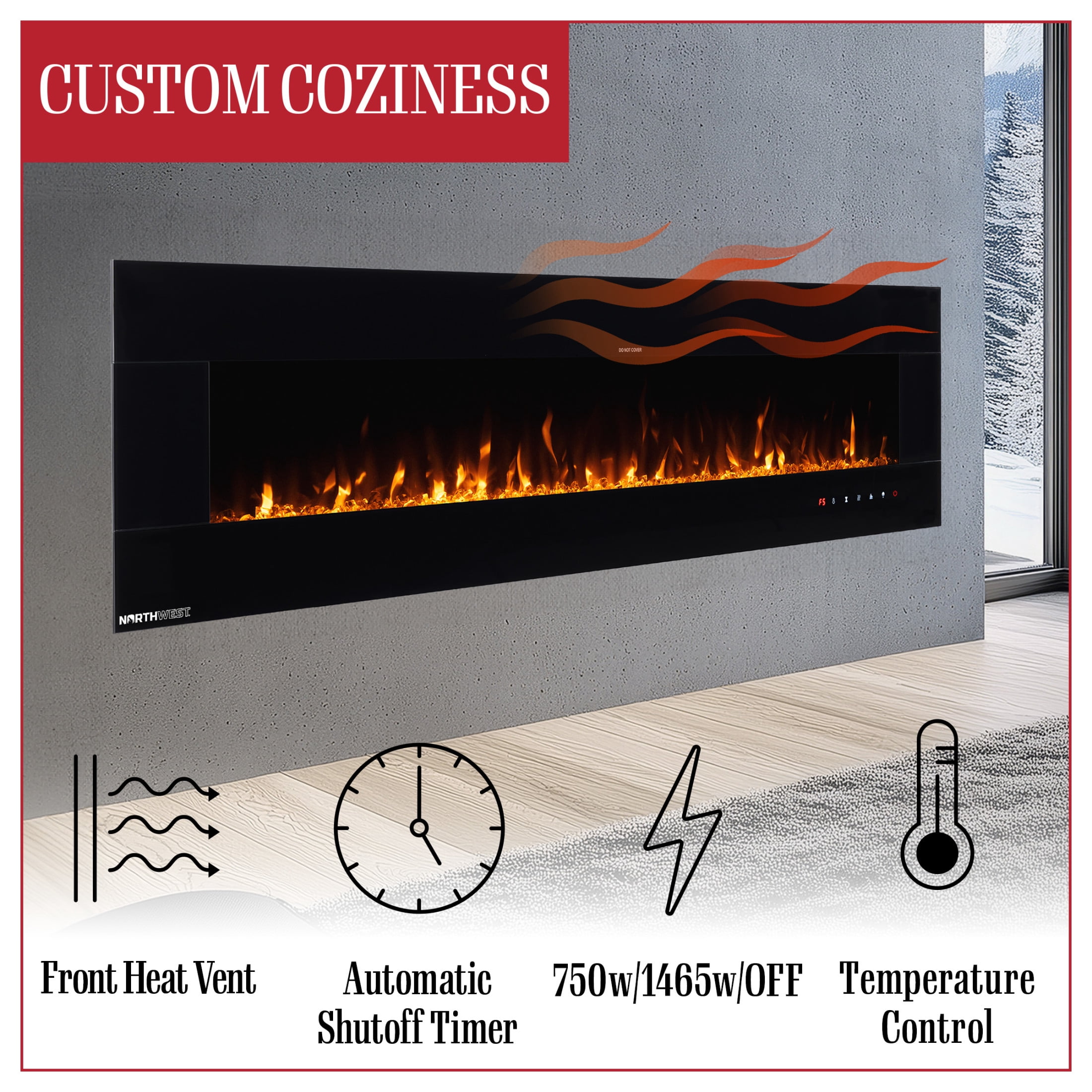 Northwest 72in Wall Mount Electric Fireplace with Bluetooth Speakers, Black
