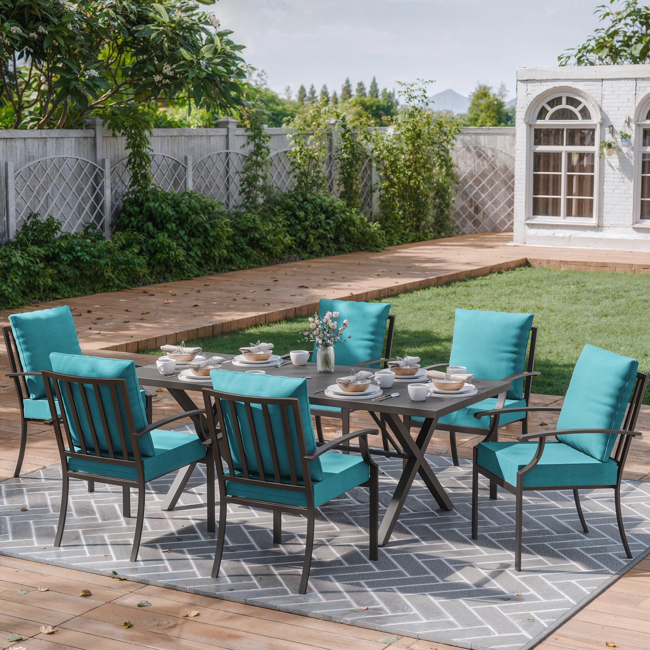 ALAULM 7-Piece Outdoor Patio Dining Set with Rectangle Metal Table and Chairs, Blue