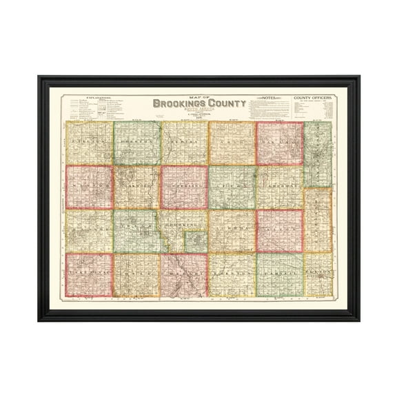 Brookings County South Dakota Art, 1897 Vintage Map of Brookings County SD History Wall Decor Gift, Old Brookings County SD Map - 24" x 18" Black Framed Print