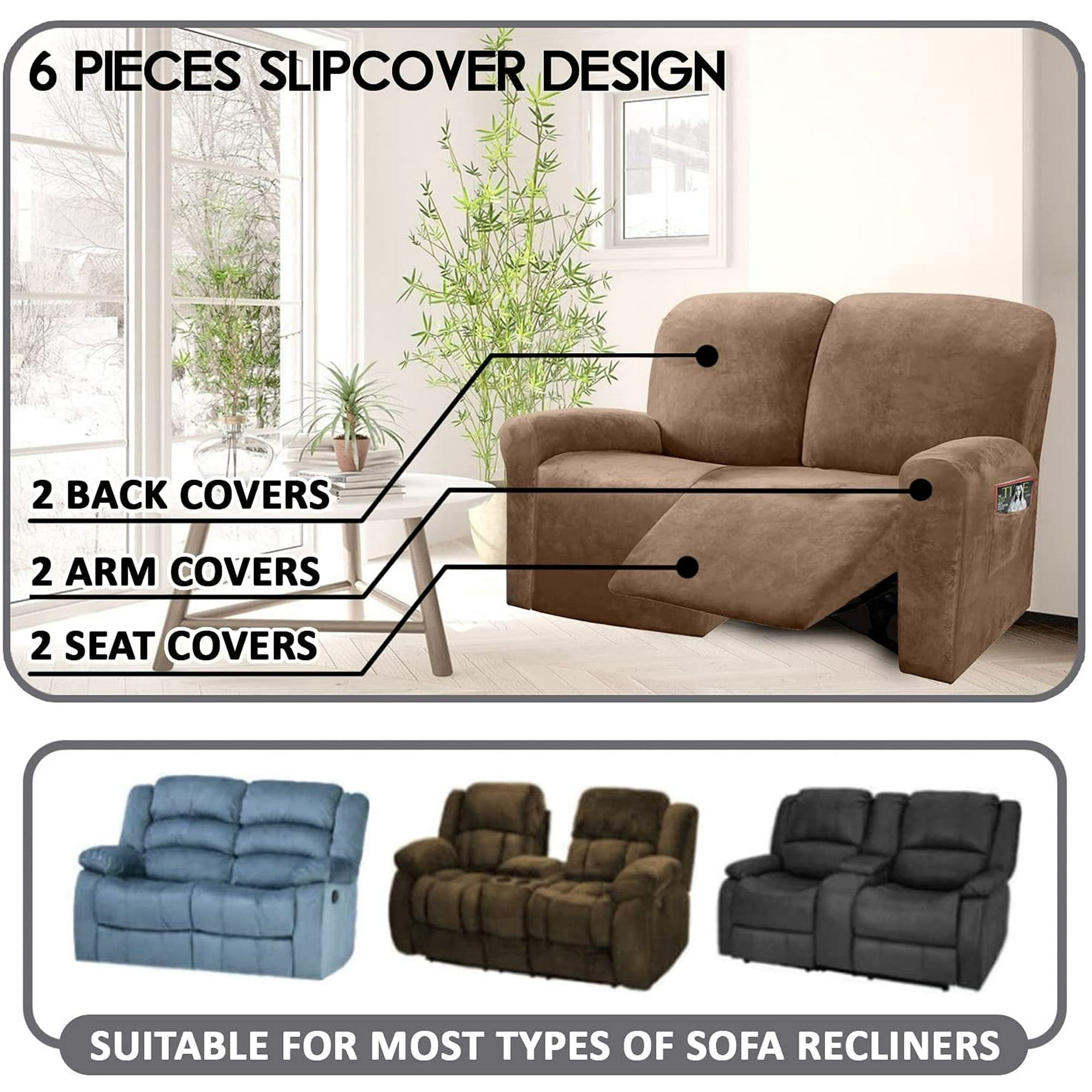 Ultimate Decor Reclining Love Seat Slipcover 6 Piece Velvet Stretch Loveseat Reclining Sofa Covers 2 seat Love seat Recliner Cover Thick Soft Washable Love seat Slipcovers Dark Grey Sand Walmart