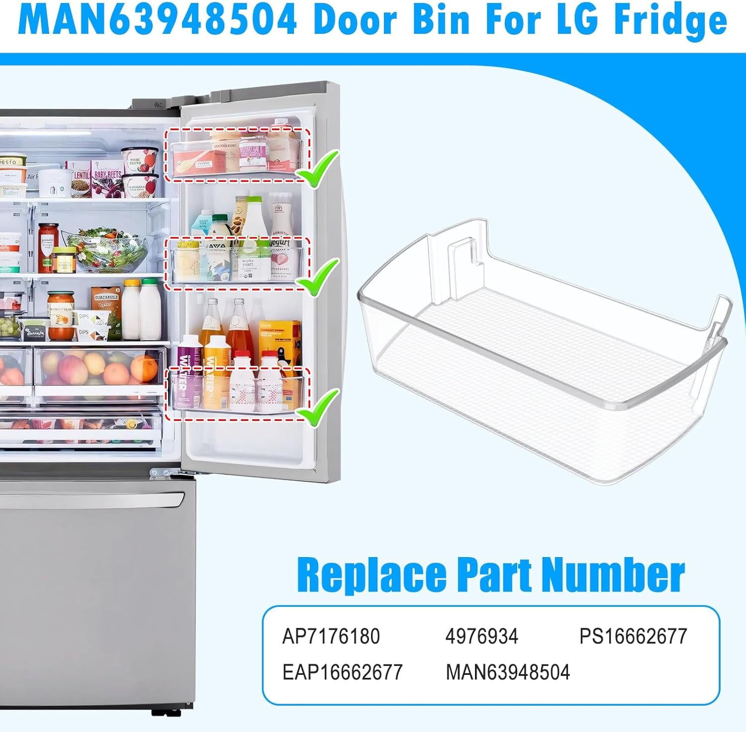 UPGRADED MAN63948504 Refrigerator Door Shelf Bin Compatible with Lg Fridge Door Shelf Replacement LFXC22526D LMXS28626S LFXS26973S Door Shelf Basket Bin Kenmore Lg Refrigerator Door Bin Replacement