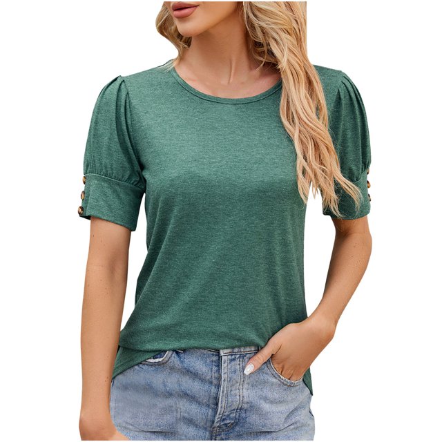 Timegard Short Sleeve Tops for Women Button Crew Neck Comfy Blouse Casual Tunic Tops Basic T Shirts