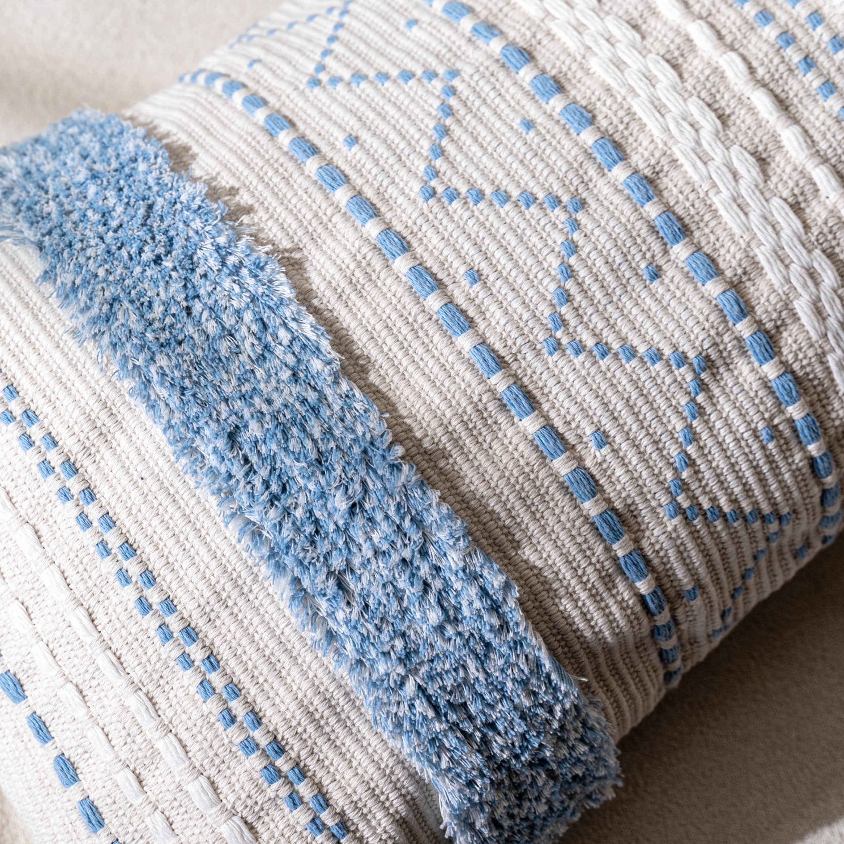 BlissBlush Blue Decorative Lumbar Throw Pillow Cover 14x36 Boho Long Cushion for Bed Neutral White Accent Farmhouse Pillowcase for Bedroom Living Room Couch Sofa Home Décor (Cover ONLY, Pack of 1)