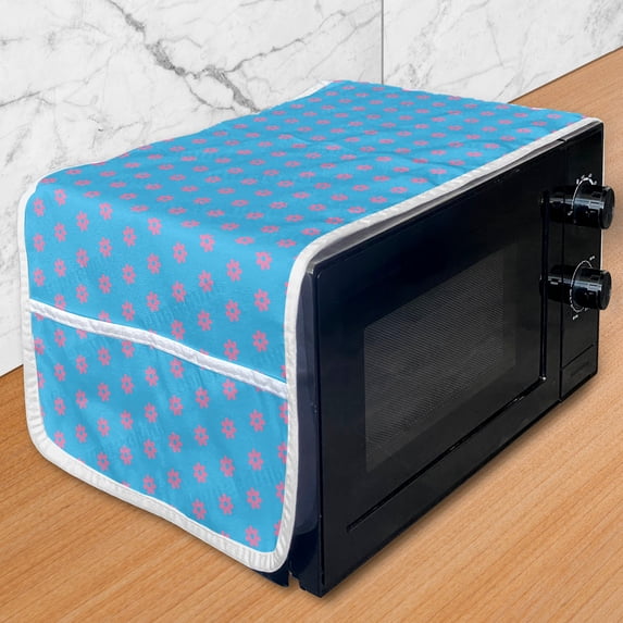 Blue and Pink Microwave Oven Cover, Symmetric Simplistic Retro Pattern with Tiny Petals, Water Resistant Organizer with Pockets for Kitchen, 36" x 12", Pink Deep Sky Blue, by Ambesonne