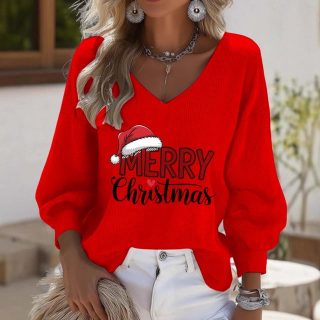 Leodye Haut de Noël pour Femmes Manches 3/4 Col en V Décontracté Imprimé Graphique Ample Rouge G(L)