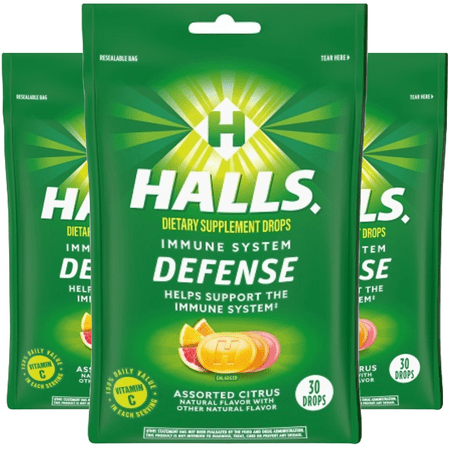 HALLS Defense Assorted Citrus Vitamin C Drops, Dietary Supplement Drops, 3 Pack of 30 Drops (90 Total Drops)