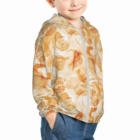 

Uemuo Watercolor Sea Shells Pattern Rash Guard for Boys Girls Long Sleeve Swim Shirts UPF 50+ UV Sun Protection Hooded Fishing Shirt with Pocket for Kid-2 Years