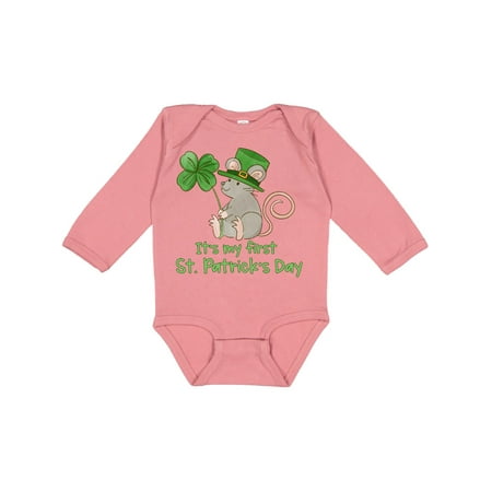 

Inktastic It s My 1st St. Patrick s Day Cute Mouse with Clover Gift Baby Boy or Baby Girl Long Sleeve Bodysuit