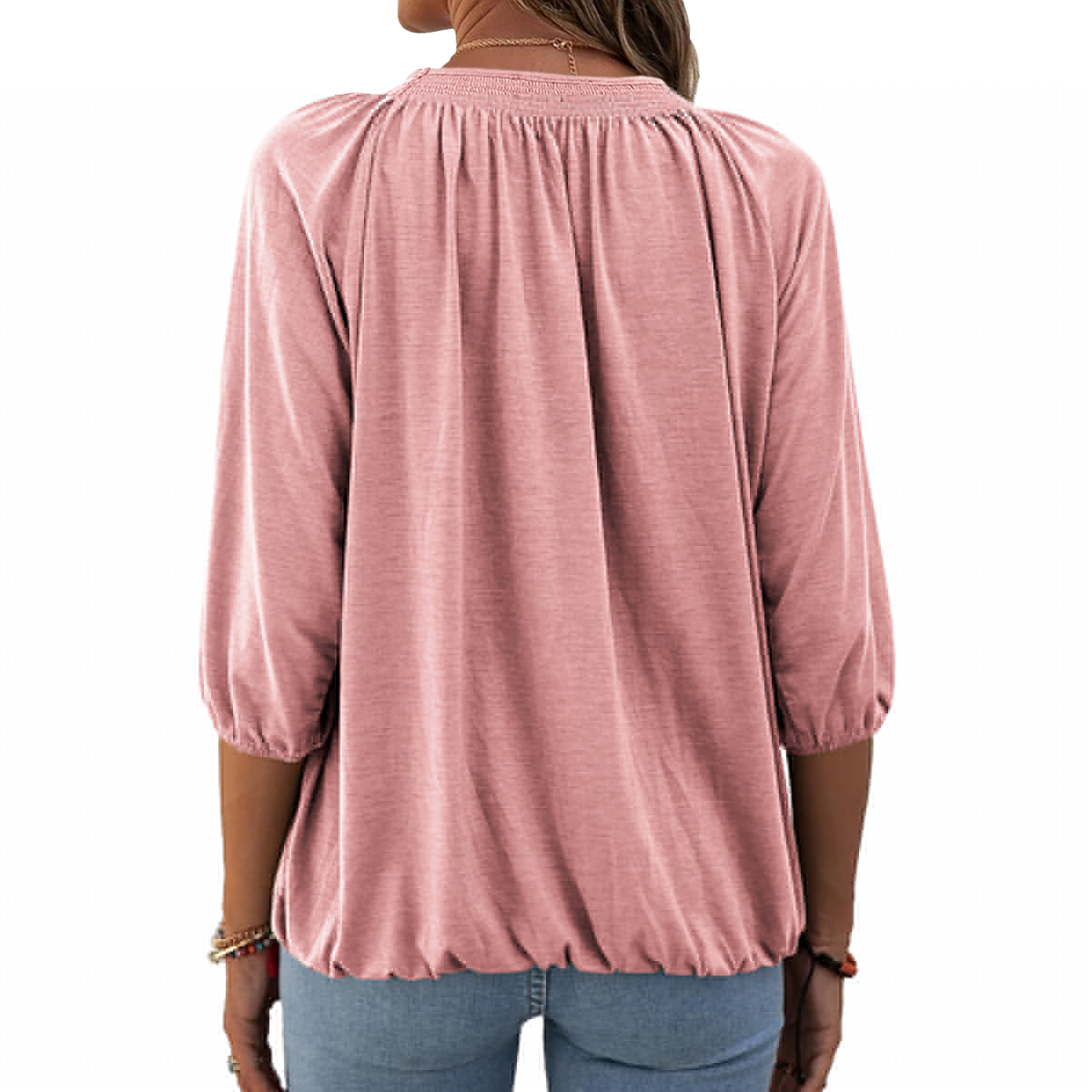 thumbnail image 2 of Langwyqu Women's Crew Neck T Shirt Half Sleeve 3/4 Sleeve Pleated Basic Tops, 2 of 2