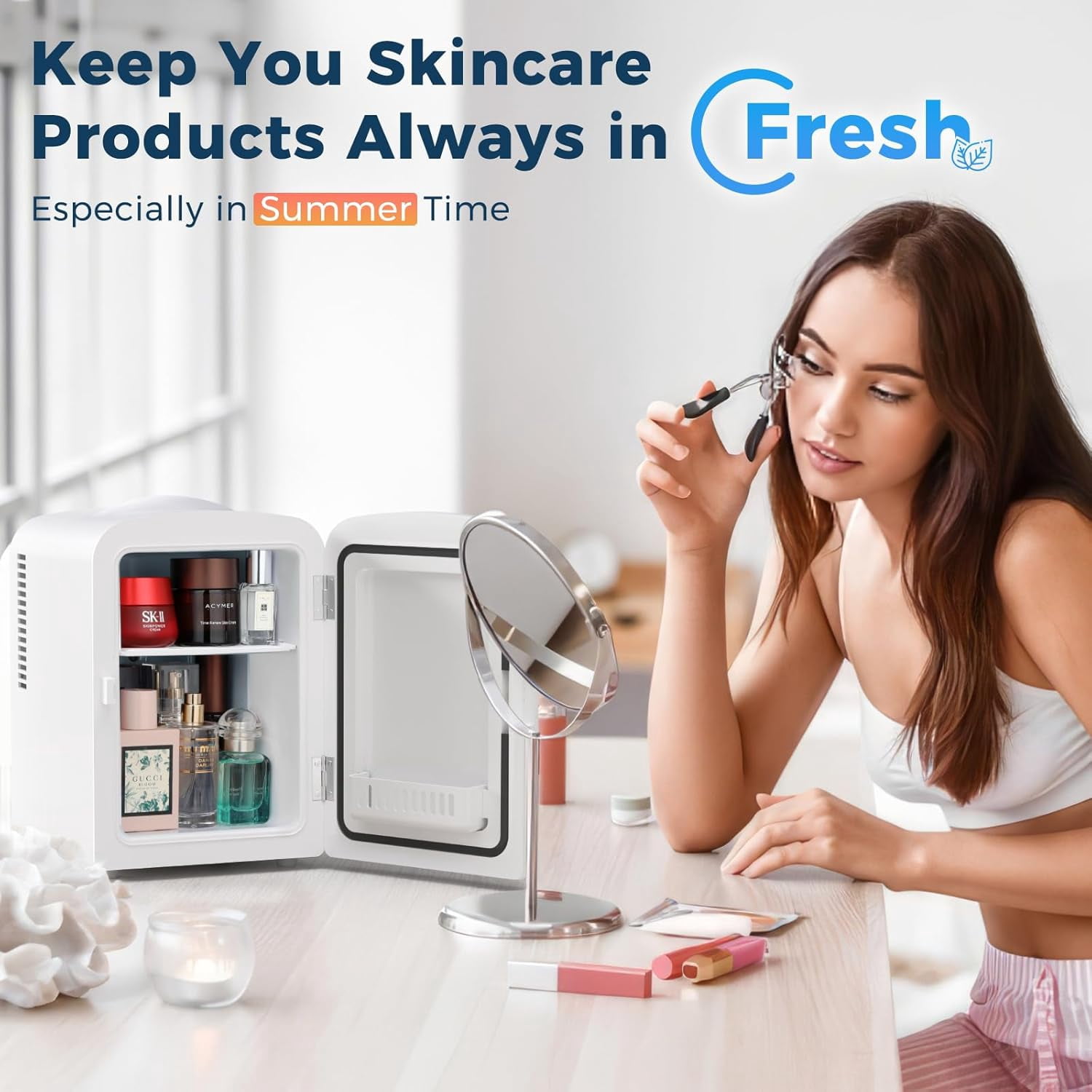 Compact Refrigerator Portable  Fridge Skin Care 4L Capacity Magnetic Brushed Stainless Steel Door White for Bedroom Car Office Dorm