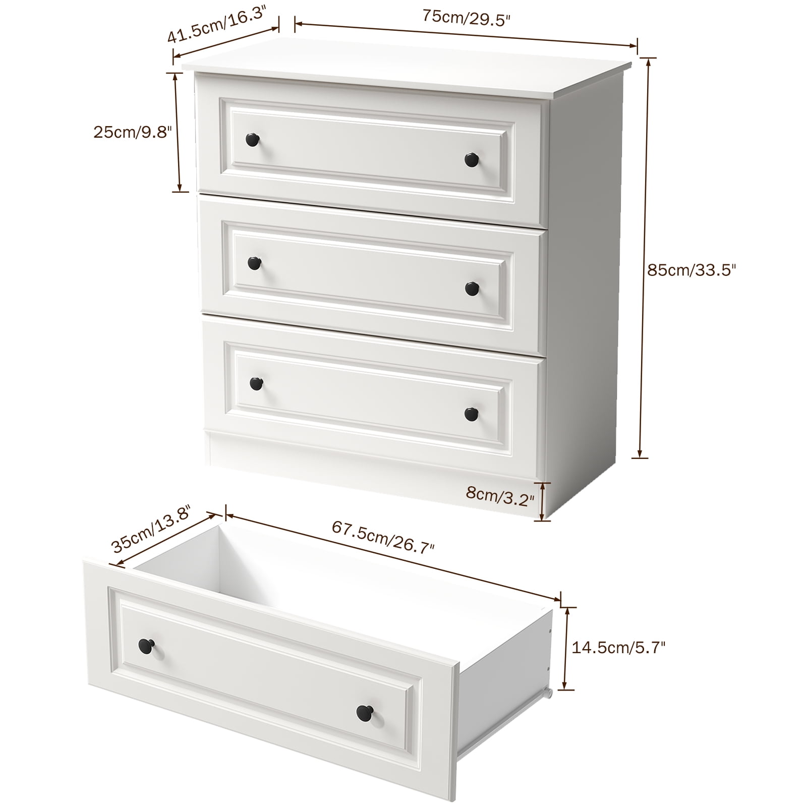 IDEALSOUL Dressers for Bedroom, 3 Drawer Dresser, White Dresser with Large Storage Space for Living Room, Chest of Drawers for Bedroom