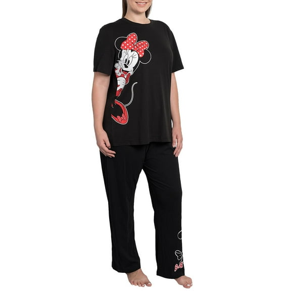 Womens Plus Size Disney Minnie Mouse Leaning Pajama Lounge Wear Black 2 Pc Set
