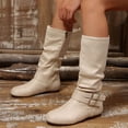 thumbnail image 6 of Women Ruched Knee High Boots, Double Metal Buckle Strap Side Zip Faux Suede Tall Boots, Low Flat Heel Slouch Long Boots Beige 9.5(43), 6 of 9