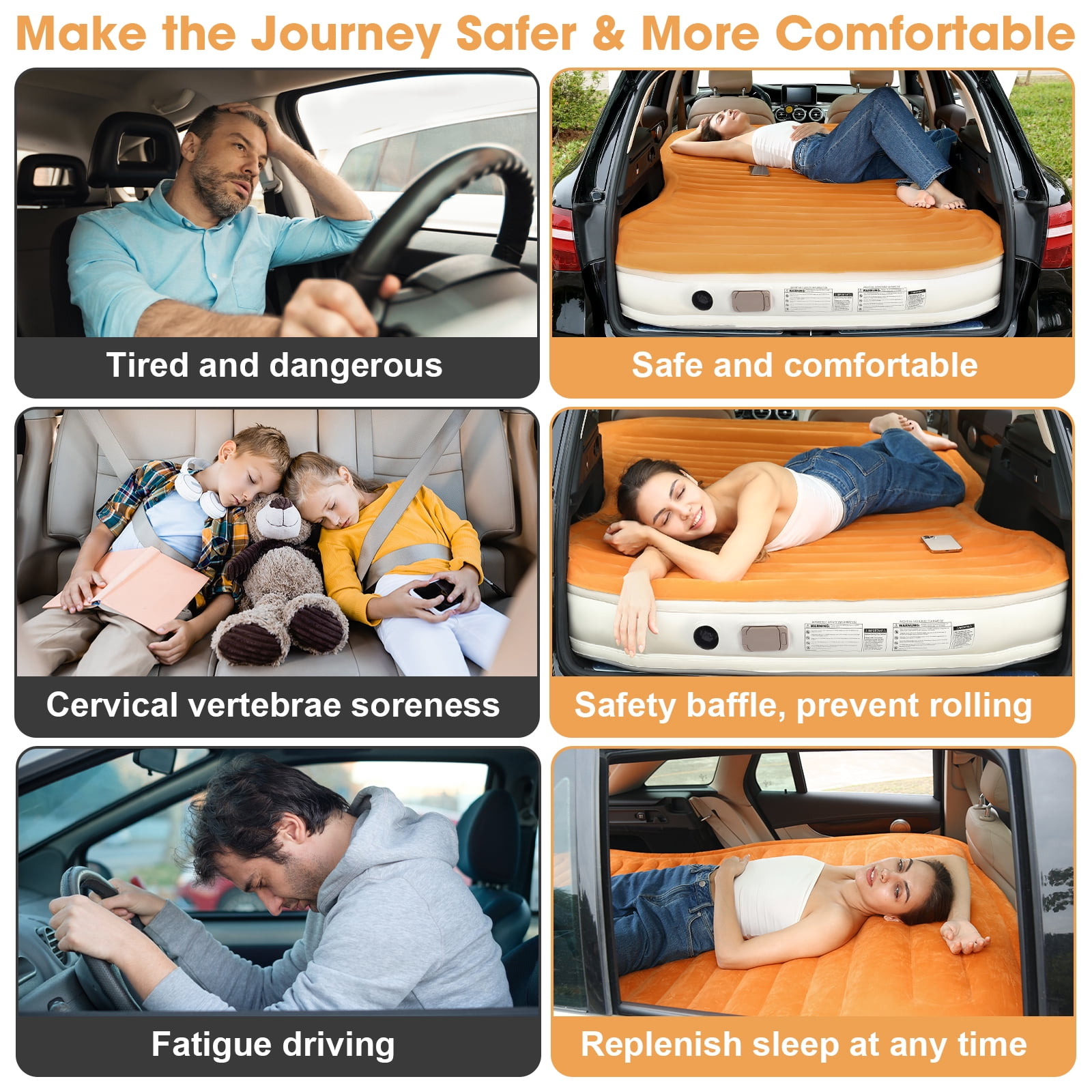 QDH SUV Air Mattress Double Size Thickened Flocked Car Bed Mattress for Travel and Camping with Built-in Electric Pump Portable Inflatable Blow Up 660lb Weight Capacity Orange
