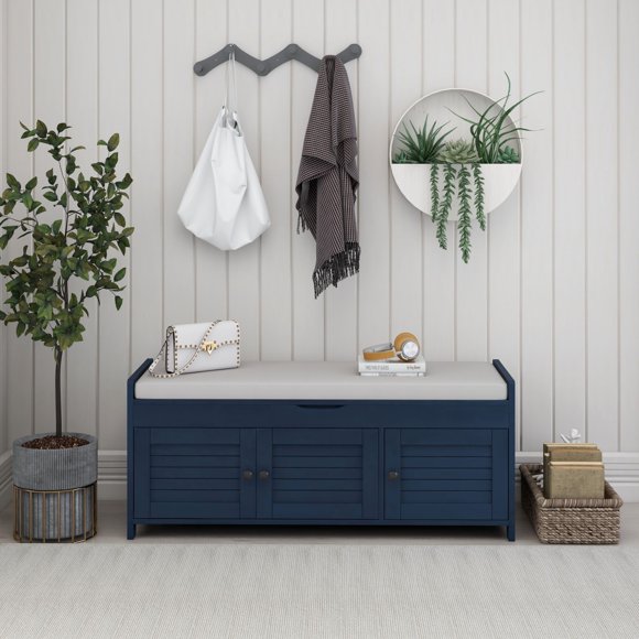 Homy Casa Storage Bench with 3 Shutter Doors & Removable Cushion, Antique Navy