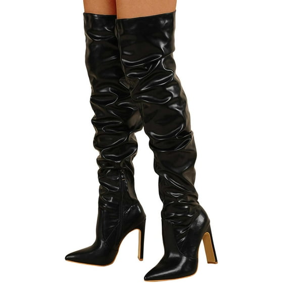 Slouchy Thigh High Boots for Women Sexy Leather Pointed Toe Pumps Heels Over The Knee Tall Boots with Zipper Black