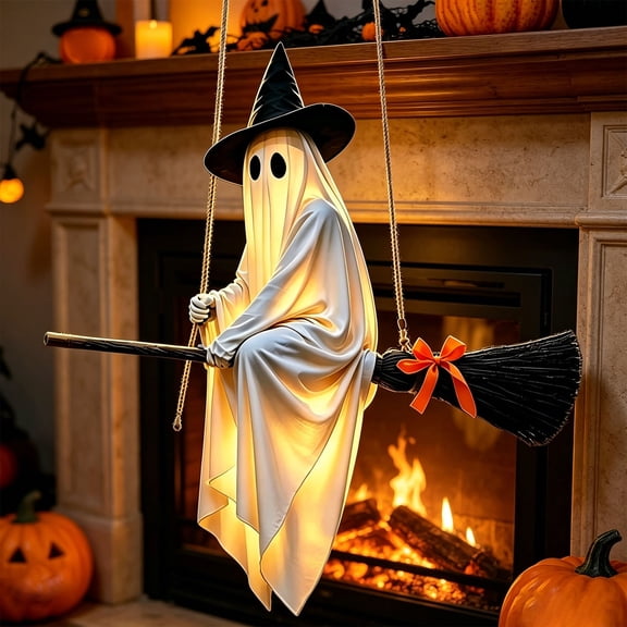 Elainilye Hanging Ghost Decor, Halloween Decorations Light-Up Flying Ghost on Broomstick with Witch Hat, Outdoor Halloween Decorations for Front Porch Yard Tree