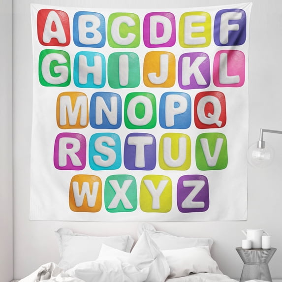 Letter Tapestry, Cartoon Style Colorful Alphabet Squares Design, Fabric Wall Hanging Decor for Bedroom Living Room Dorm, 5 Sizes, Multicolor, by Ambesonne
