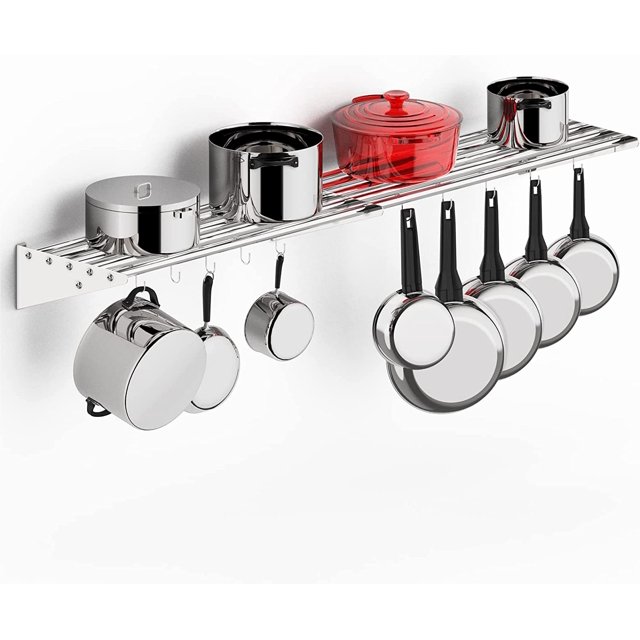 Yiwa Kitchen Storage Rack and Organization, Stainless Steel Metal Wall Shelf with 10 S Hooks