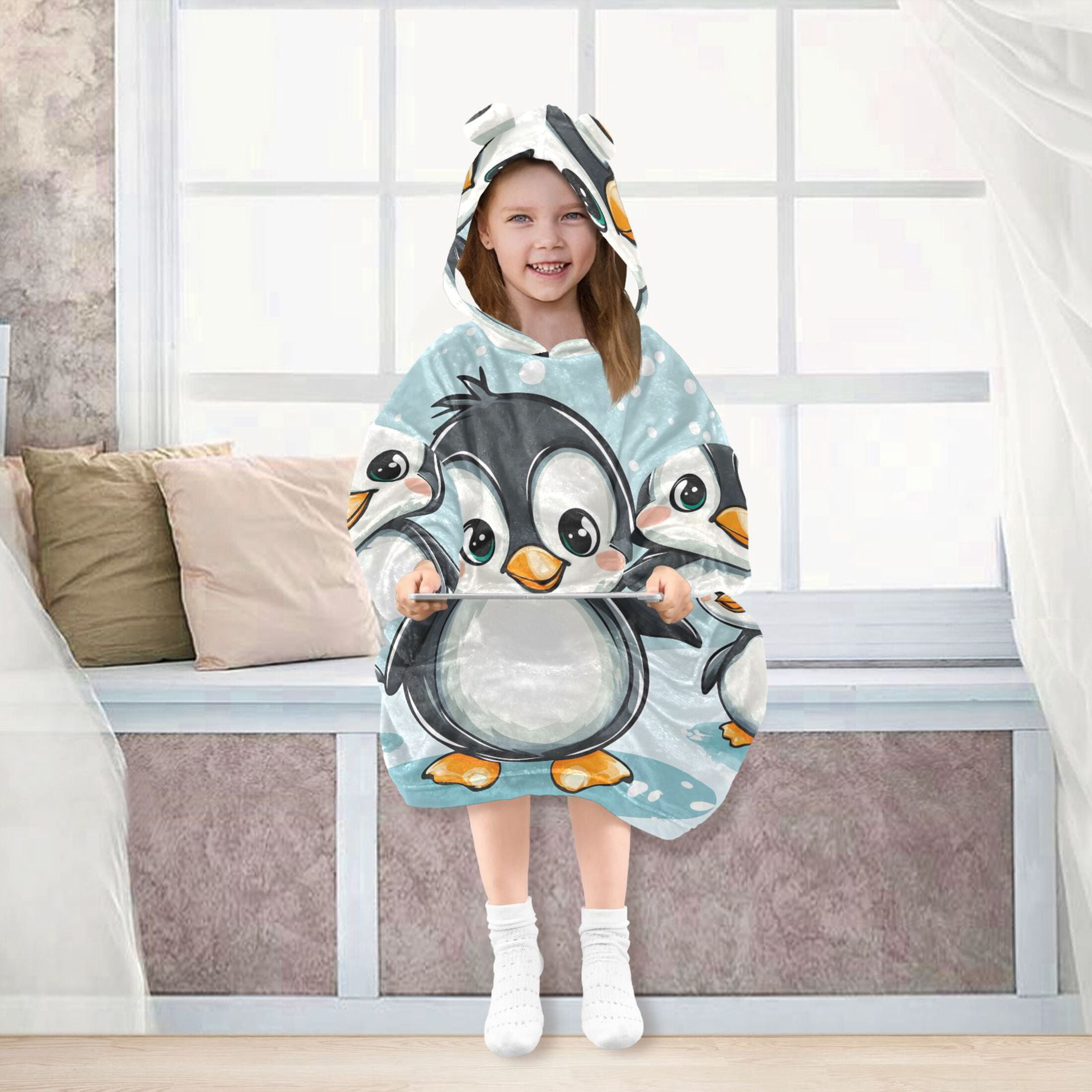 joogoo Wearable Blanket Hoodie for Kids Penguins and Snow Flannel Oversized Sweatshirt 3-14 Years M