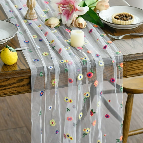 Sm:)e Embroidered Daisy Gauze Table Runner 120 Inches (10 Feet), Seasonal Sheer Decor for Kitchen & Dining Spaces, Ideal for Holidays, Weddings, Birthdays & Home Parties