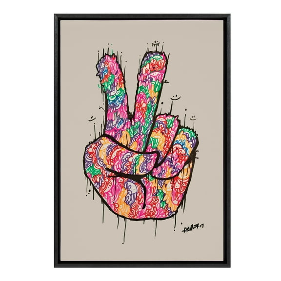 Kate and Laurel x Arm of Casso Peace Sign Framed Canvas Wall Art, 23x33 Black, Colorful Modern Art Print for Wall
