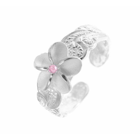 925 sterling silver 8mm Hawaiian plumeria flower scroll pink cz toe ring