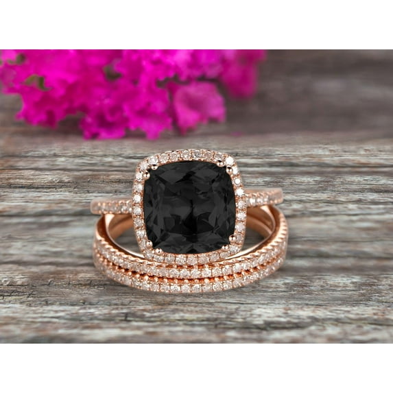 Trio Set 3.05 Carat Cushion Cut Black Diamond Moissanite Wedding Set Engagement Ring Bridal Ring Anniversary Ring On 10k Rose Gold Halo Glaring Staggering
