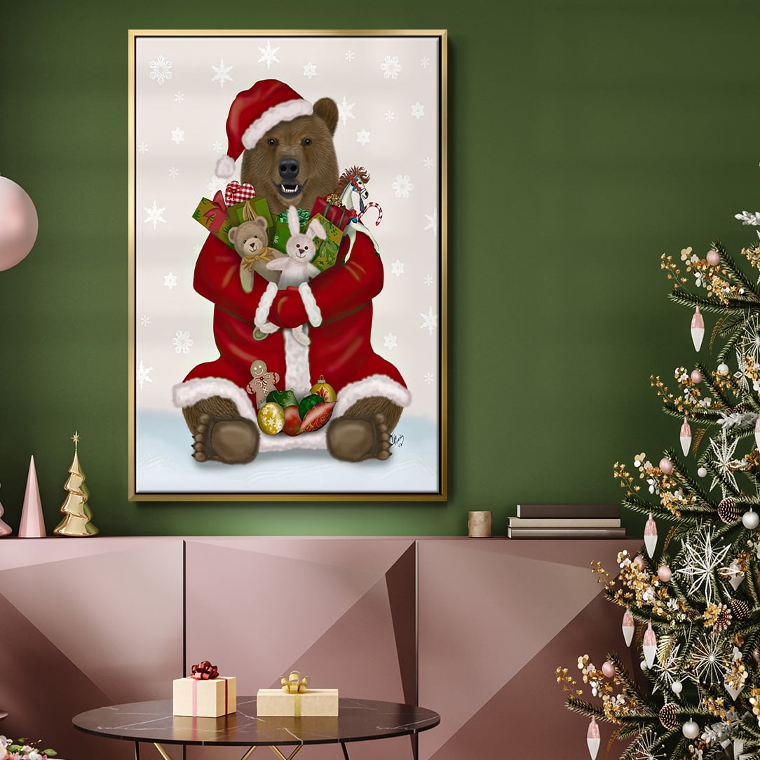Christmas Christmas Present Bear Hug - Framed Gallery Wrapped Holiday Canvas - 25 x 37 - Gold Frame