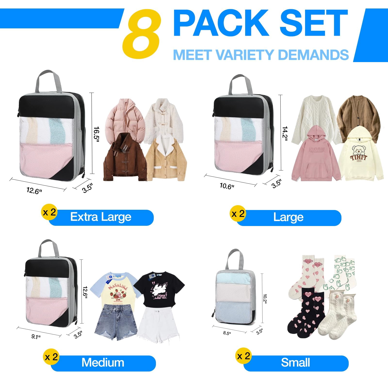 Packing Cubes Compressible, 8 Set Travel Packing Cube Organizer for Carry-on Luggage - Versatile & Reusable Travel Accessories Mesh Storage Bags Maximize Space & Stay Organized for Suitcase