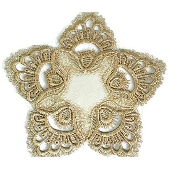 Doily Boutique Round Doily with Gold European Lace and Antique Fabric, Size 8 inches