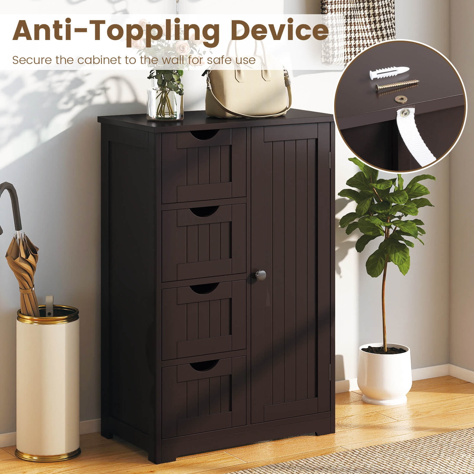 Costway 4-drawer MDF Board Free Standing Storage Cabinet with 2 Shelves in Brown