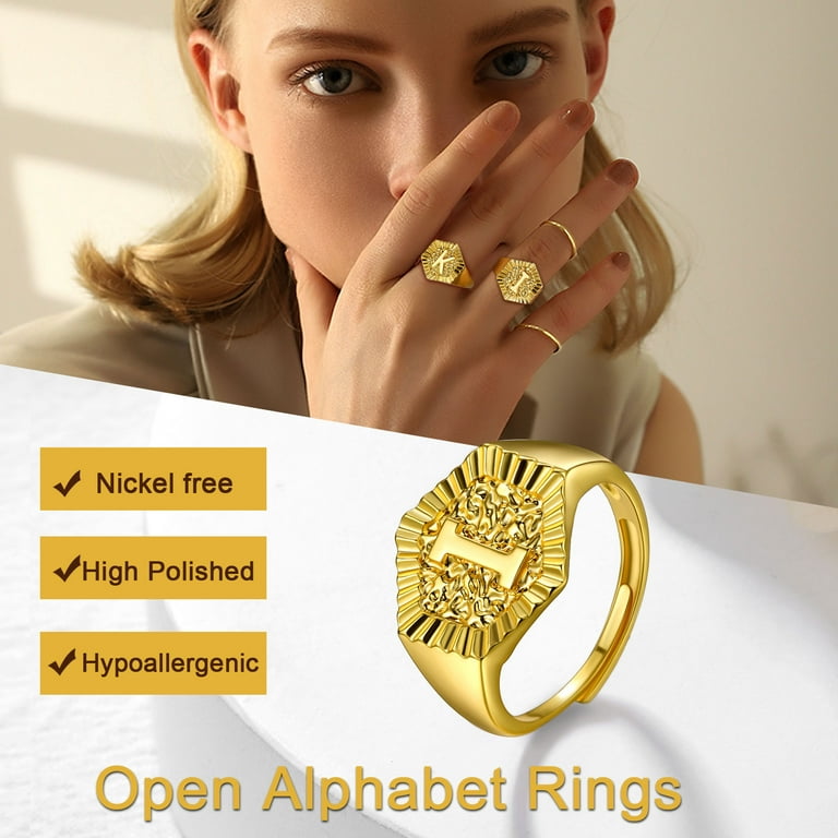 U7 Initial Ring 18K Gold Plated Hexagon Letter A-Z Stackable