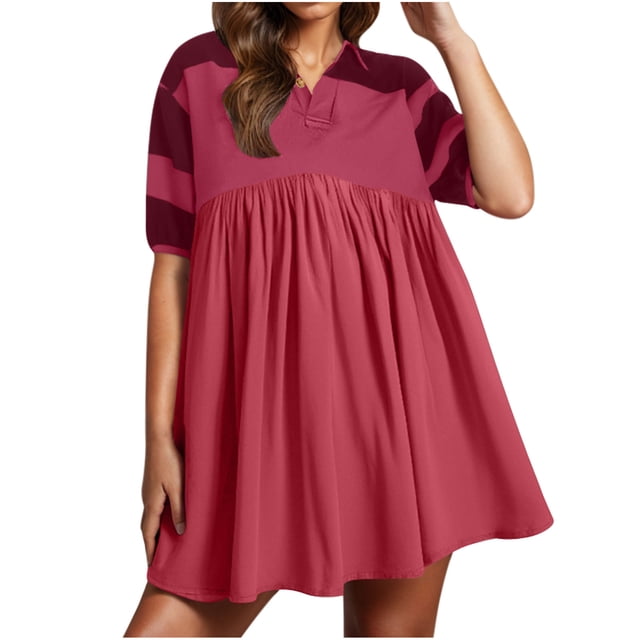 Hinvhai Robes d'Été Babydoll pour Femmes Liquidation Surdimensionnée Décontractée Manches Courtes à Blocs de Couleur Col en V Chemise Fluide Mini Robe Rouge G(L)