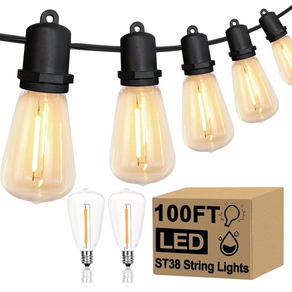100FT LED Outdoor String Lights Waterproof Patio Lights with 50 Shatterproof ST38 Edison Bulbs(2 Spare), 2700K Dimmable Outside Hanging Lights Connectable for Porch, Backyard, Garden, Black