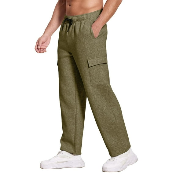 Mohiass Men's Fleece Cargo Sweatpants Baggy Mens Sweat Pants Open Bottom Cotton Sweatpants for Men Lounge Pants with Pockets Army Green L