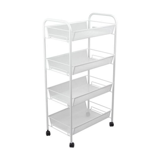 Solutions 4 Tier Mesh Rolling Kitchen Utility Cart with Wheels, Storage Cart Trolley with Handle , Ideal Organizers and Storage Shelves for Kitchen, Bathroom, Living Room, Laundry Room, Office, Silver