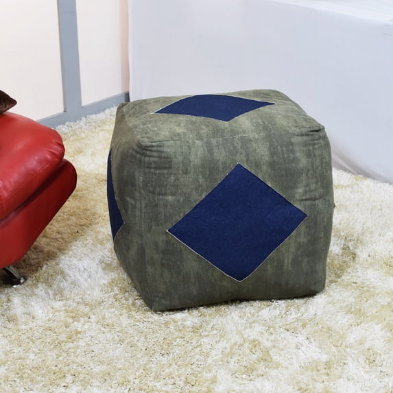 Vintage Handmade Canvas Square Pouf in Green Blue Color