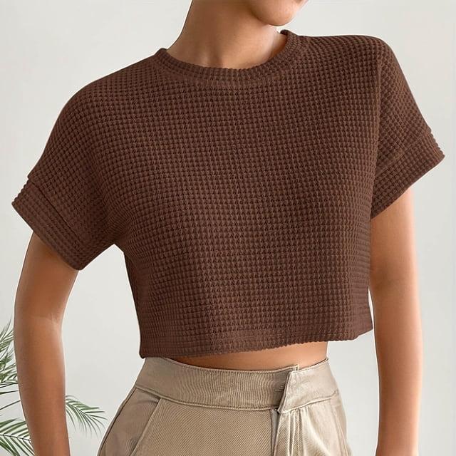 TaTaai Fashion Solid Color Women T Shirt Pineapple Grid Loose Fit Crew Neck Short Sleeve Soft Breathable Lightweight Daily Lounge Street Casual Wear Top Gift