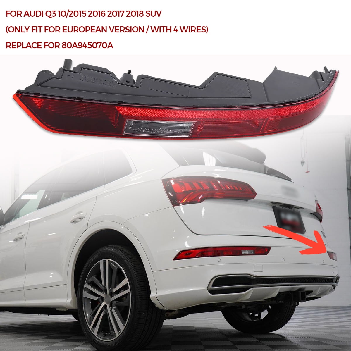 Rear Bumper Light Compatible with 2018 2019 2020 2021 2022 2023 Audi Q5 Rear Bumper Reflector Lower Tail Light Replaces 80A945070A Right Passenger Side