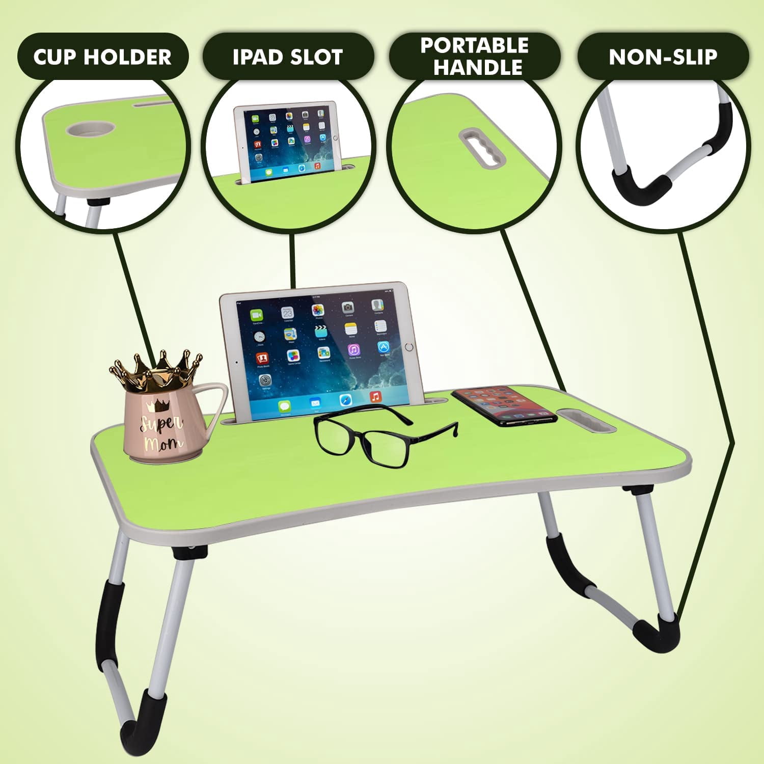 Folding Lap Desk for Bed and Sofa - Portable Wide Surface Bed Desk with Built-in Cup Holder and Tablet or Phone Slot for Working, Studying, Eating, and Watching Movies (Green)