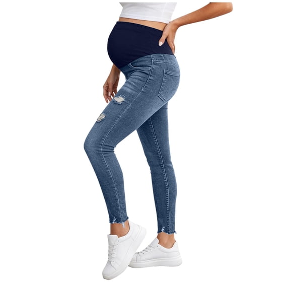 BRGZLK Maternity Jeans Pants Summer Trendy High Waist Belly Support Slim Stretch Pregnancy Casual Fitted Slimming Distressed Denim Pants Dark Blue L