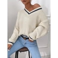 thumbnail image 2 of Winter Women's Clothes Cable Knit V Neck Sweaters Casual Long Sleeve Striped Pullover Sweater Trendy Loose Preppy Jumper Top, 2 of 7