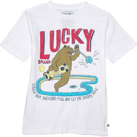 LUCKY BRAND BOYS SHIRT - POOL DAY BEAR SZ MEDIUM - WHITE - TOP TEE GRAPHIC KIDS