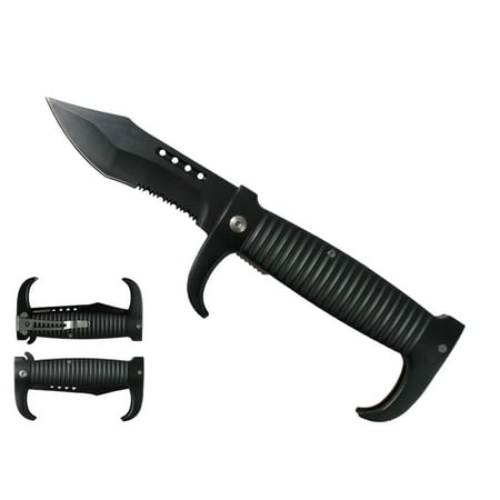 All Black Assisted Opening Tactical Knife with Modified Clip Point Half Serrated Blade and Guards on