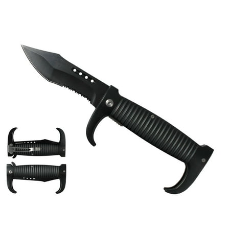 Mammoth Clip Blade - All Black Assisted Opening Tactical Knife with Modified Clip Point Half Serrated Blade and Guards on Handle