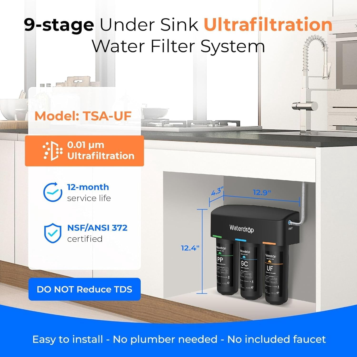 Restored Waterdrop WD-TSA-UF 0.01 μm Ultra Filtration Under Sink Water Filter, Under Sink Water Filtration System 9 Stage Filtration, Reduces Chlorine, Taste and Odor (Refurbished)